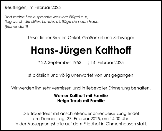 Anzeige von Hans-Jürgen Kalthoff von Reutlinger General-Anzeiger