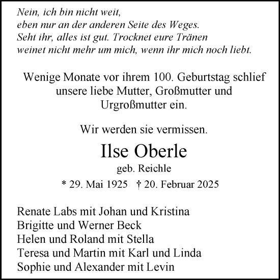 Anzeige von Ilse Oberle von Reutlinger General-Anzeiger
