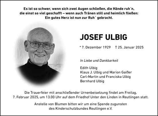 Anzeige von Josef Ulbig von Reutlinger General-Anzeiger