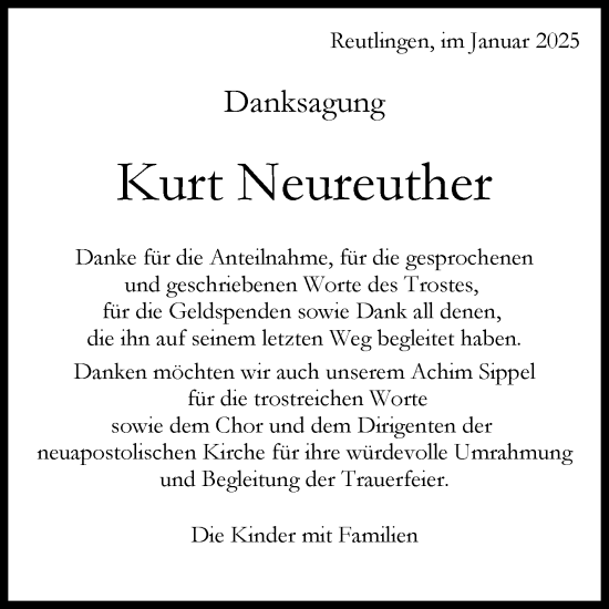 Anzeige von Kurt Neureuther von Reutlinger General-Anzeiger