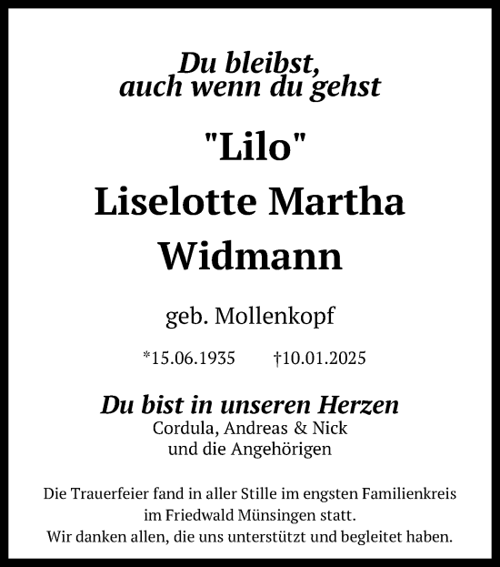 Anzeige von Liselotte Martha Widmann von Reutlinger General-Anzeiger
