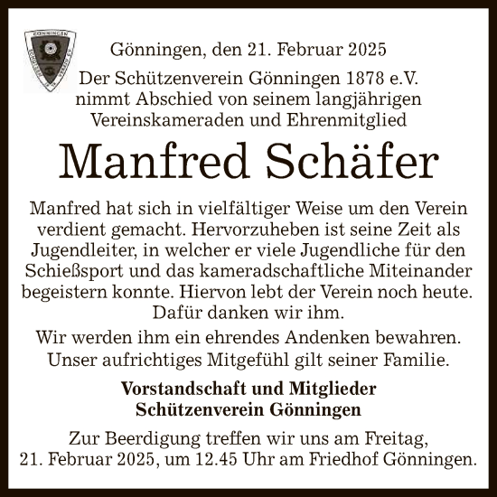 Anzeige von Manfred Schäfer von Reutlinger General-Anzeiger