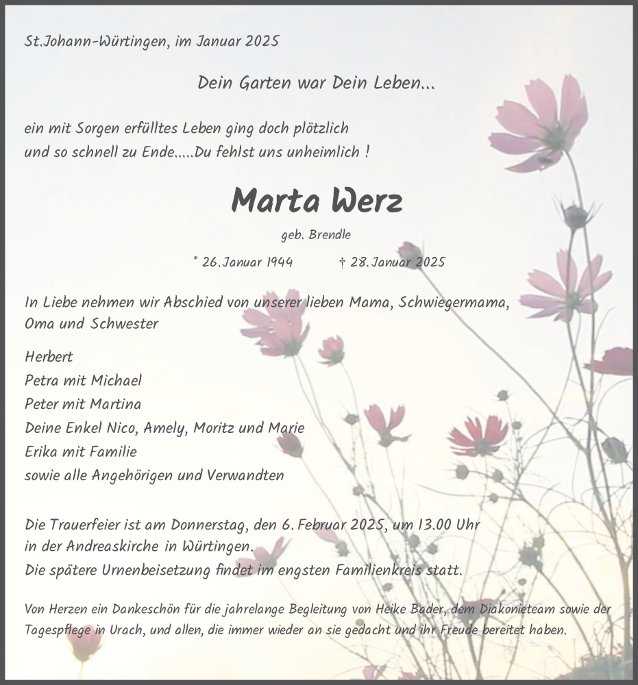  Traueranzeige für Marta Werz vom 03.02.2025 aus Reutlinger General-Anzeiger