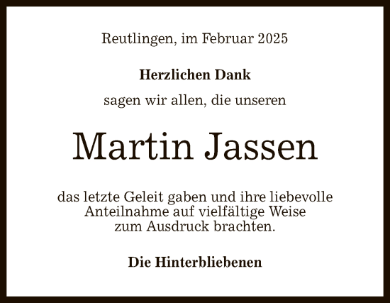 Anzeige von Martin Jassen von Reutlinger General-Anzeiger