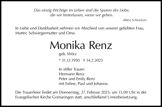 Anzeige von Monika Renz von Reutlinger General-Anzeiger