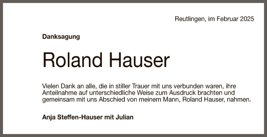 Anzeige von Roland Hauser von Reutlinger General-Anzeiger