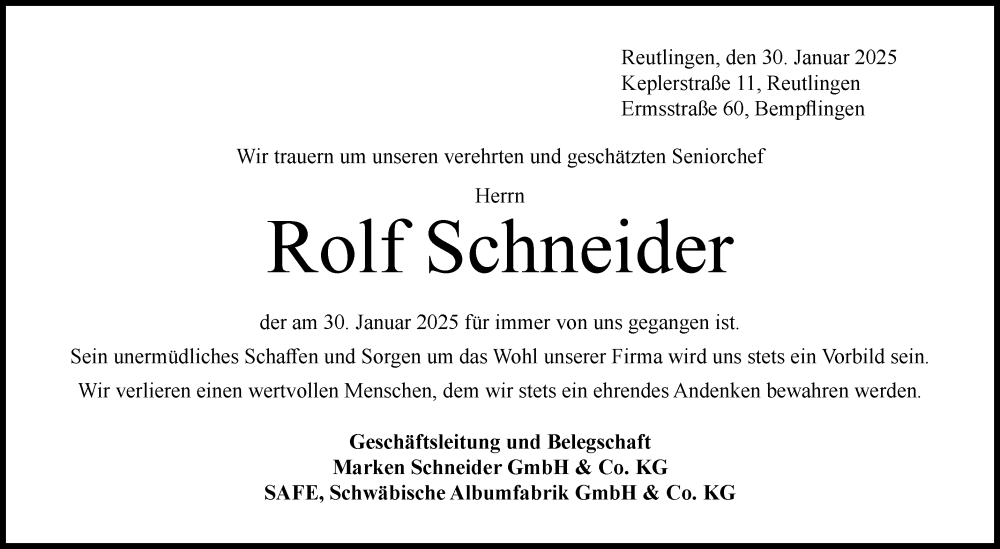  Traueranzeige für Rolf Schneider vom 05.02.2025 aus Reutlinger General-Anzeiger
