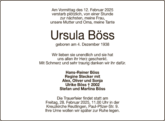Anzeige von Ursula Böss von Reutlinger General-Anzeiger