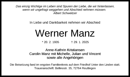 Anzeige von Werner Manz von Reutlinger General-Anzeiger