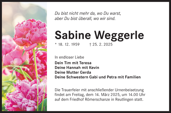 Anzeige von Sabine Weggerle von Reutlinger General-Anzeiger vom