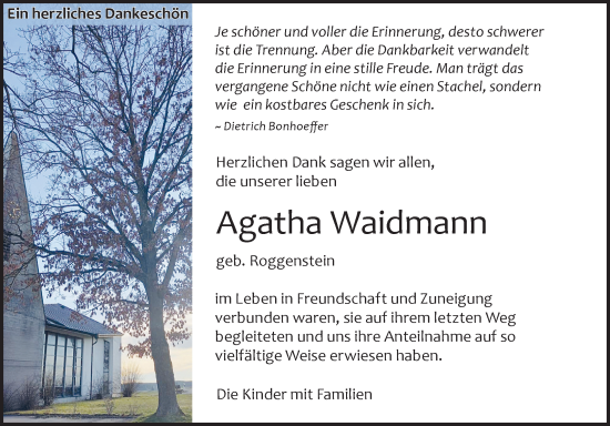 Anzeige von Agatha Waidmann von Reutlinger General-Anzeiger