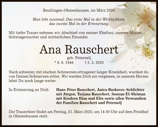 Anzeige von Ana Rauschert von Reutlinger General-Anzeiger