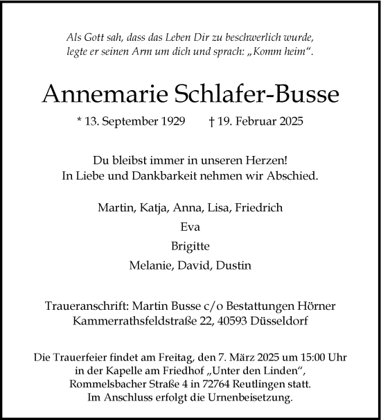 Anzeige von Annemarie Schlafer-Busse von Reutlinger General-Anzeiger