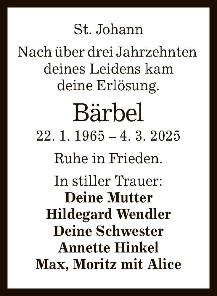  Traueranzeige für Bärbel Schneider vom 20.03.2025 aus Reutlinger General-Anzeiger