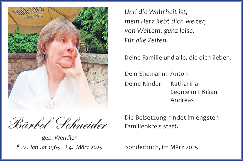  Traueranzeige für Bärbel Schneider vom 20.03.2025 aus Reutlinger General-Anzeiger