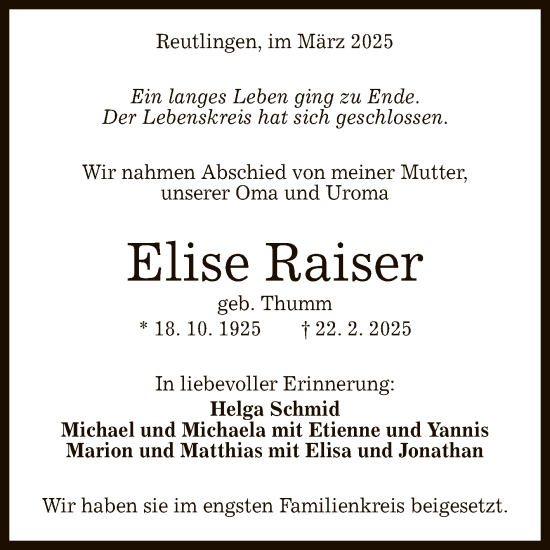 Anzeige von Elise Raiser von Reutlinger General-Anzeiger