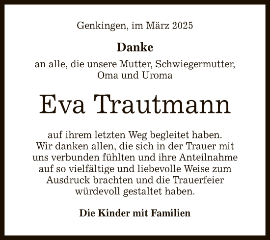 Anzeige von Eva Trautmann von Reutlinger General-Anzeiger