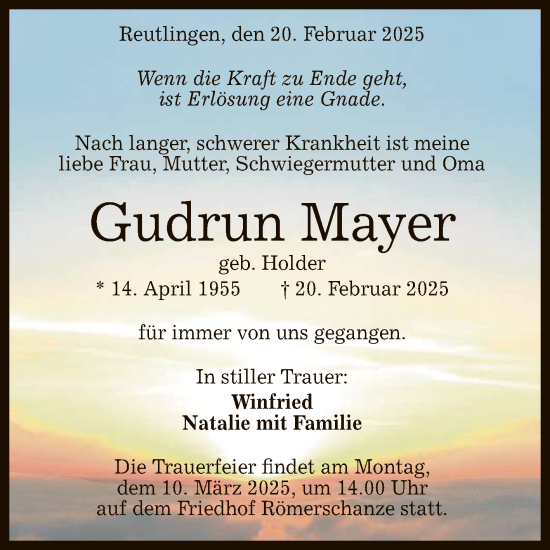 Anzeige von Gudrun Mayer von Reutlinger General-Anzeiger