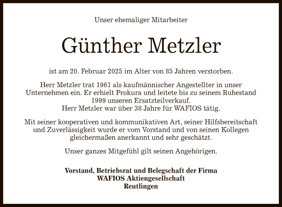 Anzeige von Günther Metzler von Reutlinger General-Anzeiger