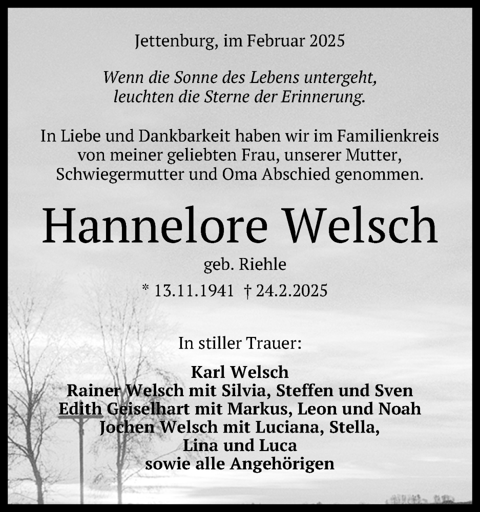  Traueranzeige für Hannelore Welsch vom 06.03.2025 aus Reutlinger General-Anzeiger