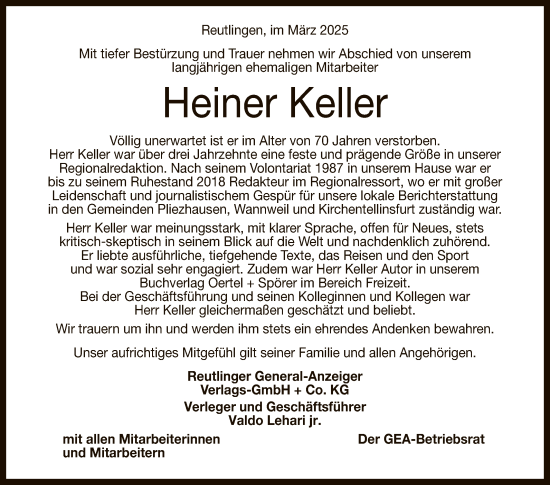 Anzeige von Heiner Keller von Reutlinger General-Anzeiger