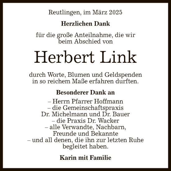 Anzeige von Herbert Link von Reutlinger General-Anzeiger
