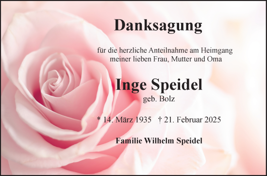 Anzeige von Inge Speidel von Reutlinger General-Anzeiger