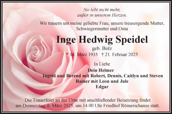 Anzeige von Inge Hedwig Speidel von Reutlinger General-Anzeiger