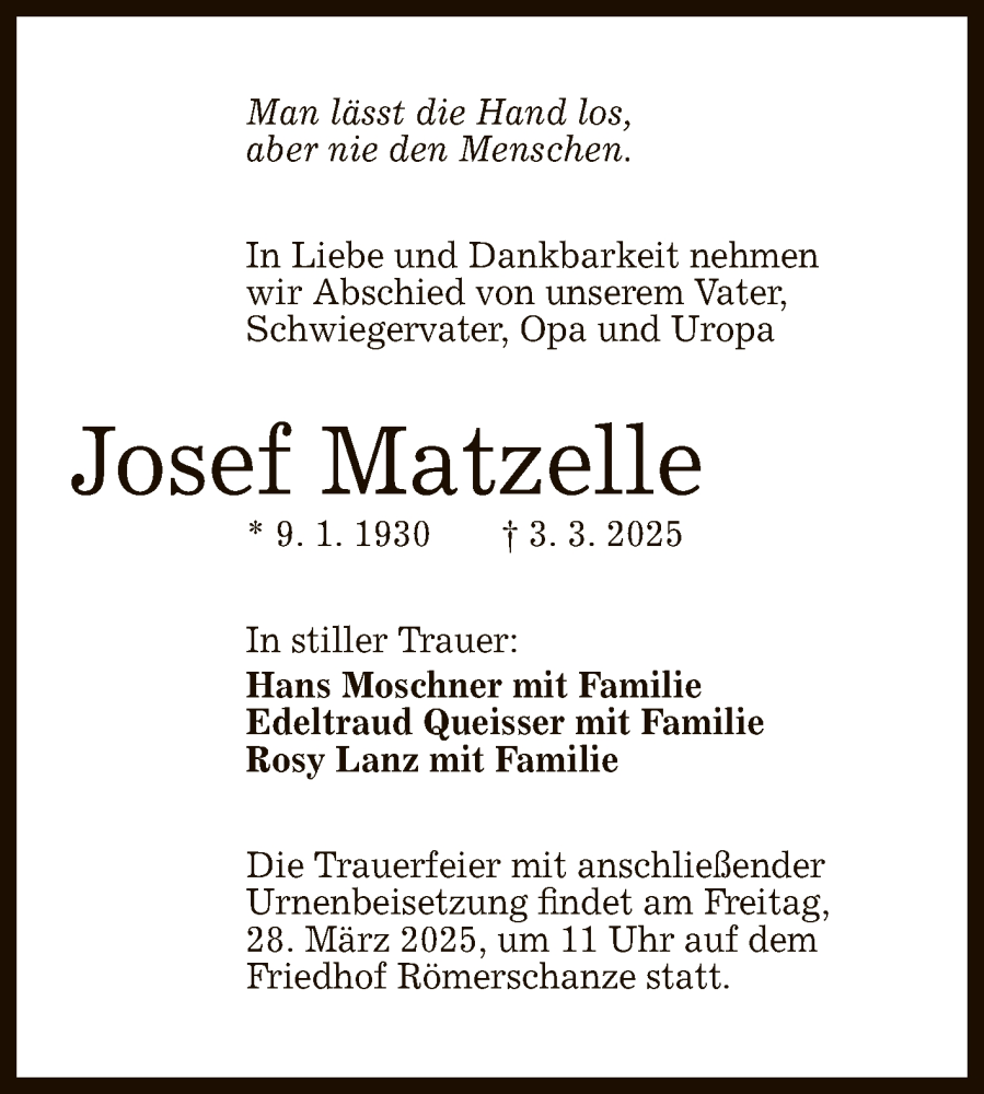  Traueranzeige für Josef Matzelle vom 22.03.2025 aus Reutlinger General-Anzeiger