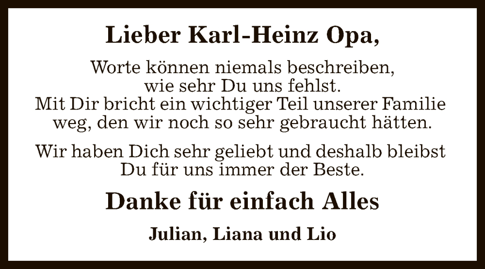  Traueranzeige für Karl-Heinz Barth vom 18.03.2025 aus Reutlinger General-Anzeiger