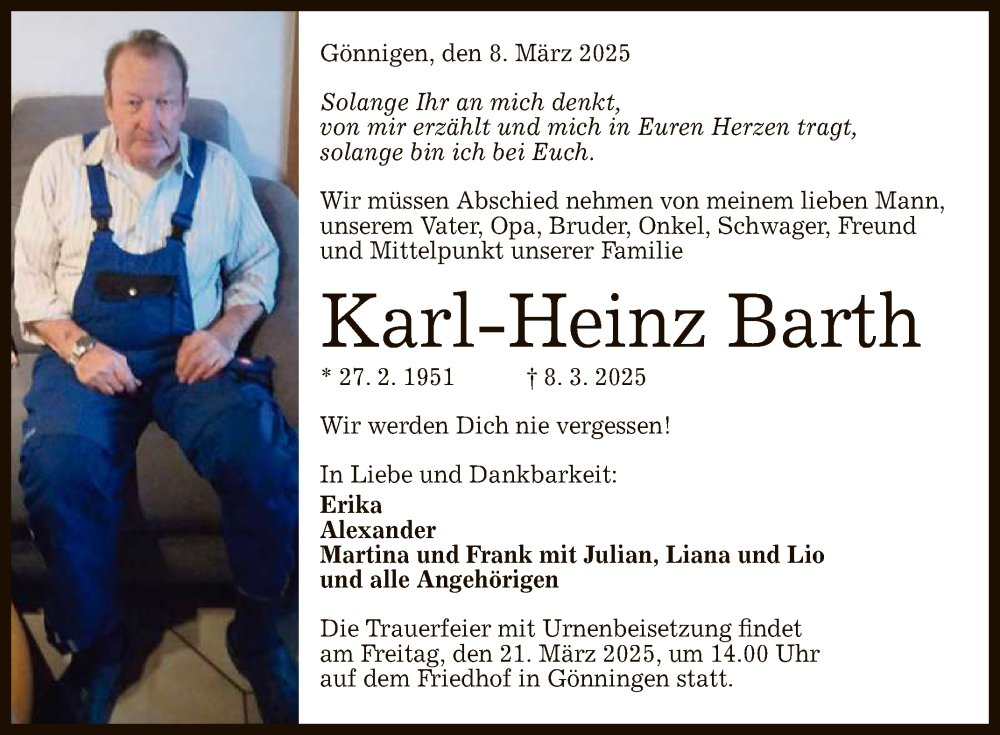  Traueranzeige für Karl-Heinz Barth vom 18.03.2025 aus Reutlinger General-Anzeiger