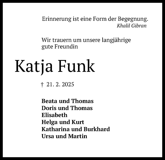 Anzeige von Katja Funk von Reutlinger General-Anzeiger