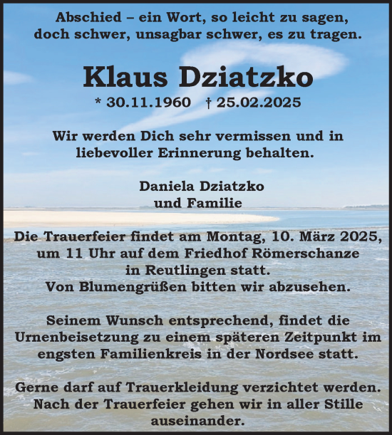 Anzeige von Klaus Dziatzko von Reutlinger General-Anzeiger