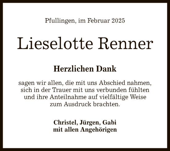 Anzeige von Lieselotte Renner von Reutlinger General-Anzeiger