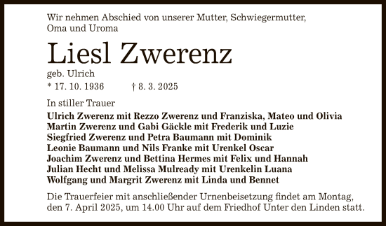 Anzeige von Liesl Zwerenz von Reutlinger General-Anzeiger