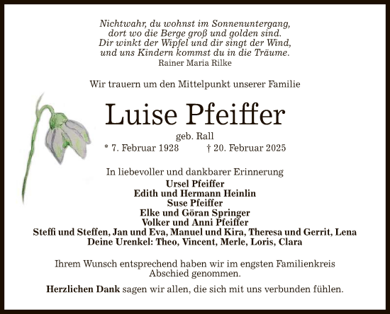 Anzeige von Luise Pfeiffer von Reutlinger General-Anzeiger
