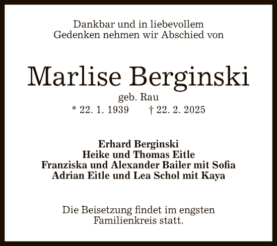 Anzeige von Marlise Berginski von Reutlinger General-Anzeiger