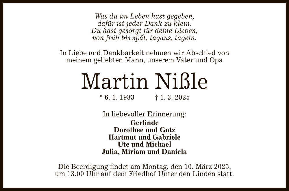  Traueranzeige für Martin Nißle vom 05.03.2025 aus Reutlinger General-Anzeiger