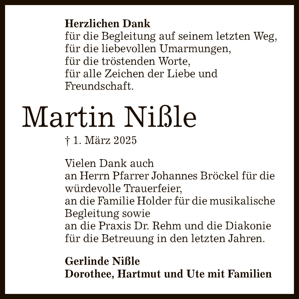  Traueranzeige für Martin Nißle vom 15.03.2025 aus Reutlinger General-Anzeiger