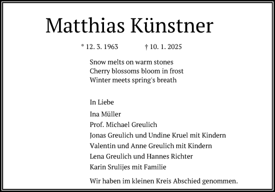 Anzeige von Matthias Künstner von Reutlinger General-Anzeiger
