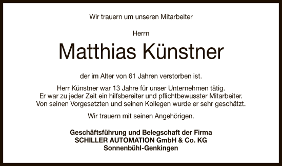 Anzeige von Matthias Künstner von Reutlinger General-Anzeiger