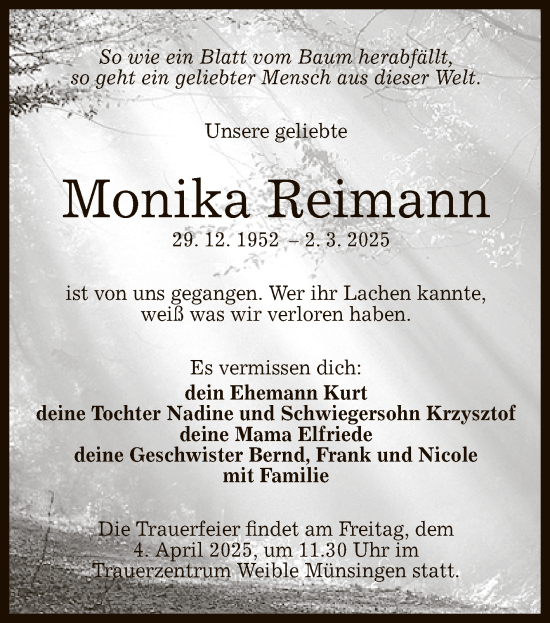 Anzeige von Monika Reimann von Reutlinger General-Anzeiger