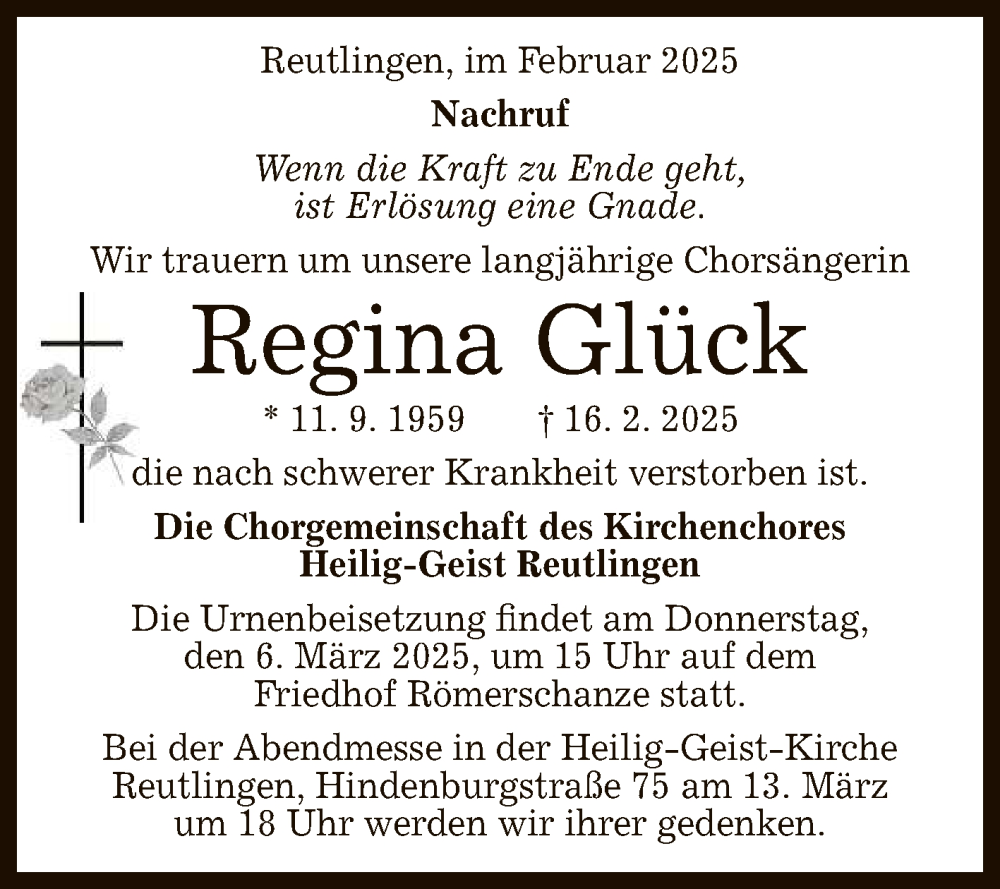  Traueranzeige für Regina Glück vom 01.03.2025 aus Reutlinger General-Anzeiger