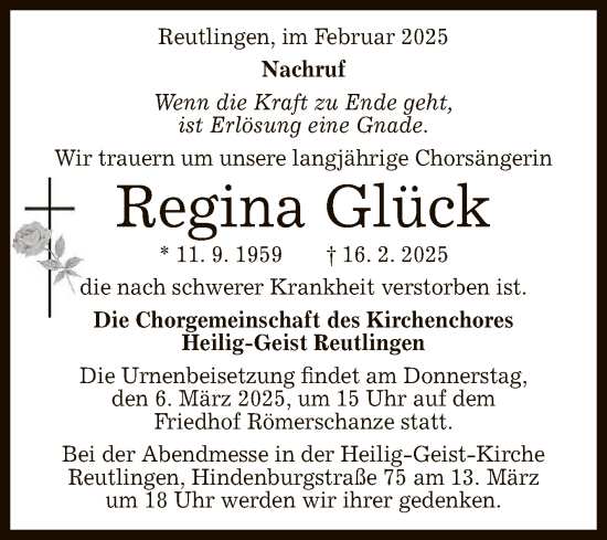 Anzeige von Regina Glück von Reutlinger General-Anzeiger