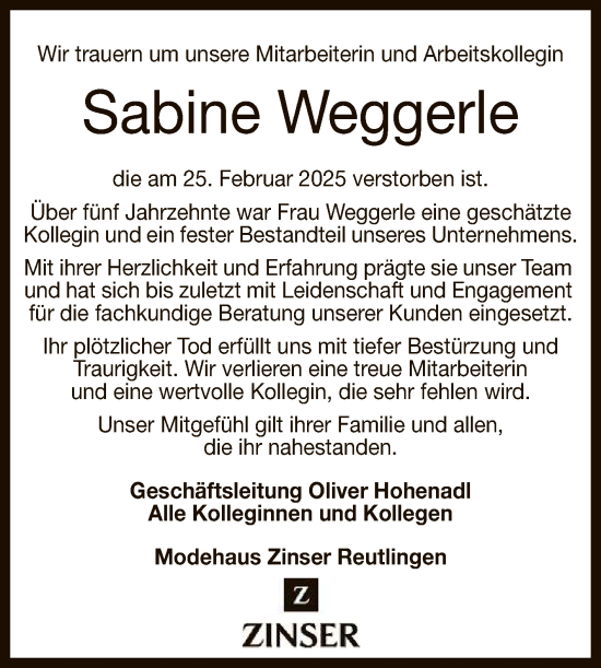 Anzeige von Sabine Weggerle von Reutlinger General-Anzeiger