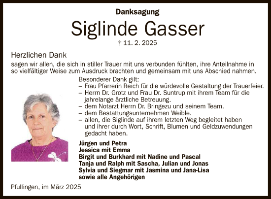 Anzeige von Siglinde Gasser von Reutlinger General-Anzeiger