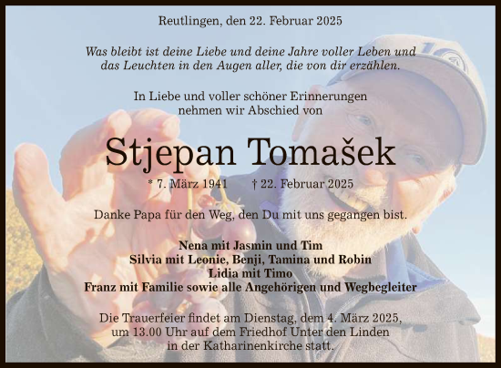 Anzeige von Stjepan Tomasek von Reutlinger General-Anzeiger
