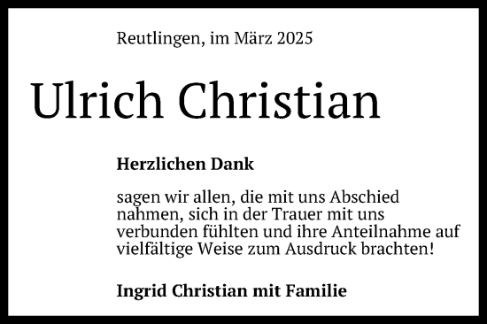Anzeige von Ulrich Christian von Reutlinger General-Anzeiger