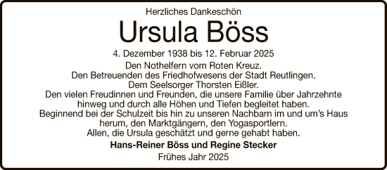 Anzeige von Ursula Böss von Reutlinger General-Anzeiger