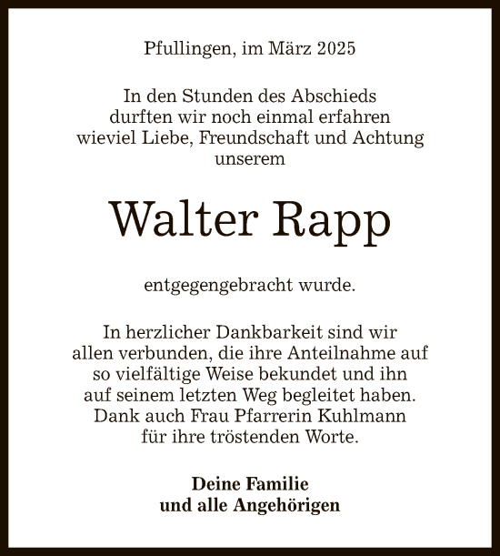 Anzeige von Walter Rapp von Reutlinger General-Anzeiger